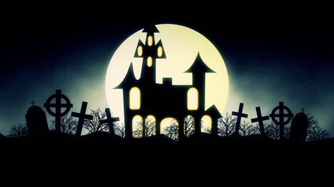 animation of a spooky haunted house with flying bats Halloween