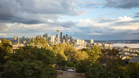 Time-lapse video of Seattle skyline from famous Kerry Park panorama viewpoint on a beautiful sunny day with blue sky and fast moving clouds in summer, Washington State, Pacific Northwest, USA