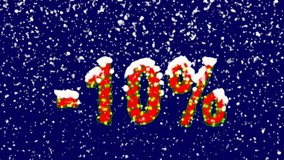 New Year text sale label -10%. Snow falls. Christmas mood, looped video. Alpha channel Premultiplied - Matted with deep blue RGB(04:00:5B)