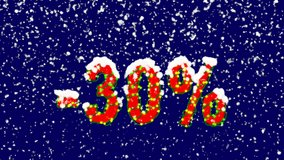 New Year text sale label -30%. Snow falls. Christmas mood, looped video. Alpha channel Premultiplied - Matted with deep blue RGB(04:00:5B)