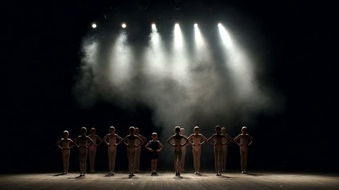 A group of little kids dancers perform on stage in the dark, they do bow. Silhouette. Ballet. Scene. It's dark.
