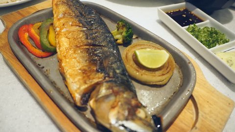 Grilled Saba fish sauce with sweet sauce and rice , Japan food style