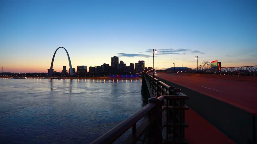 The St. Louis, Missouri skyline across the Mississippi River at dusk.