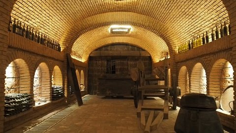 Large wine cellar interior.  High quality georgian red wine bottles. Wine making industry. Wines tasting shop. Storage for wine bottles and barrels