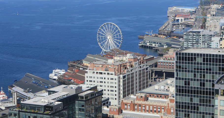 Aerial view of Seattle, Washington harbor area 4K