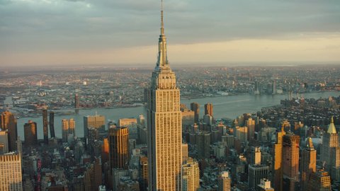 New York City, United States of America CIRCA-2018, Aerial view of the Empire State building at sunset. Wide shot. 4k shot with a RED camera. 