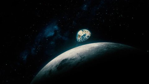 Space View From Earth To Moon, Reveal Shot. Beautiful, cinematic 3D animation of Mother Earth and the Moon, with part of the galactic center in the background.