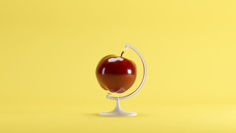 Red apple turn around Mimicry minimal idea concept on yellow background. 3D Animation