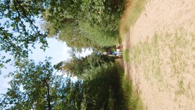 Vertical Video of a Young Blonde Woman Walking with Two Dogs down a Forest path