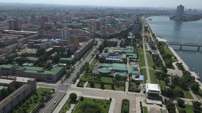 North Korea capital city Pyongyang skyline, Panorama as seen from the Juche Tower in September 2018,Taedong River