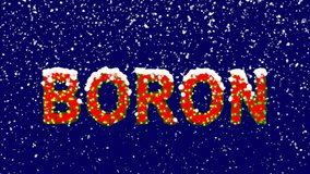 New Year text Element of periodic table BORON. Snow falls. Christmas mood, looped video. Alpha channel Premultiplied - Matted with deep blue RGB(04:00:5B)
