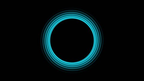 Glowing blue rings spiral fading from a black center circle with a black background in a CGI high definition motion video clip

