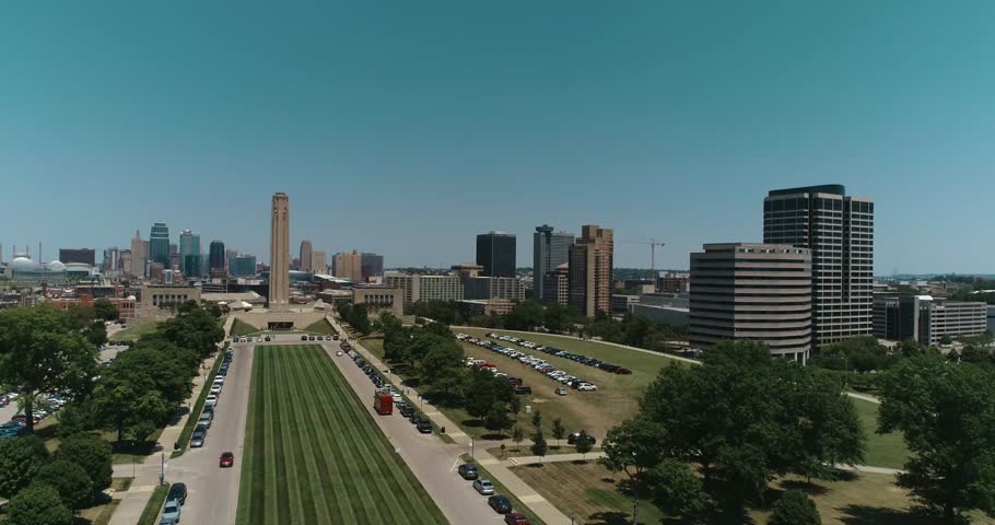 Memorial Hill in Kansas City is the only World War I Memorial in the country. This left panning shot was taken on a warm summer day with clear skys overlooking the Kansas City Skyline.