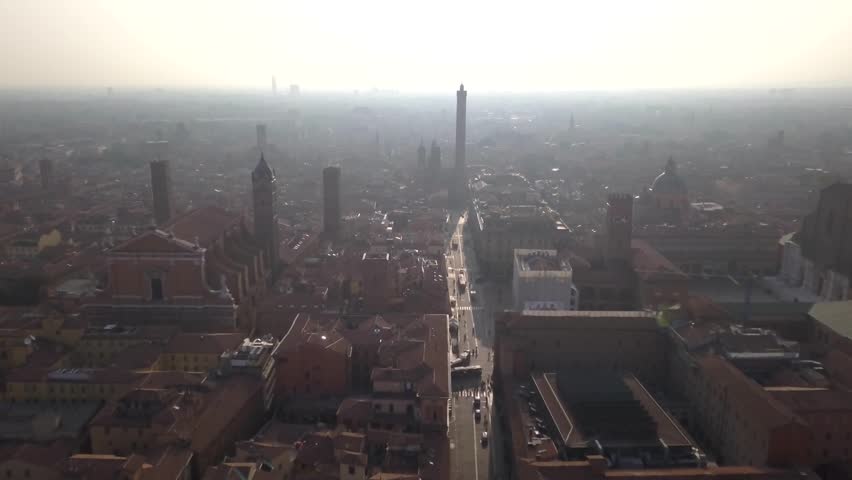 Aerial view of old town Bologna city. Sunrise.