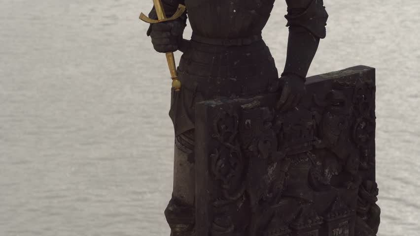 Prague, Czech Republic, September 2018: Statue of the Brunswick Knight (Bruncvik) on the Charles Bridge in Prague