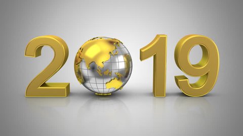 New Year 2019. Gray background, 2 in 1, loop (226-450th frames), alpha matte, created in 4K, 3d animation