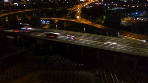 Rising aerial view of Spaghetti Junction in Birmingham, UK.
