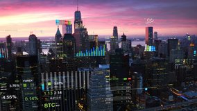 Aerial view of New York with financial charts and data. Futuristic city skyline. Big data, Artificial intelligence, Internet of things. Stock exchange figures. - Powered by Shutterstock - Get 15% off with code: PIKWIZARD15