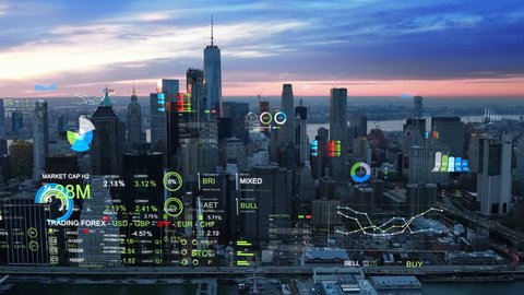 Aerial view of New York with financial charts and data. Futuristic city skyline. Big data, Artificial intelligence, Internet of things. Stock exchange figures.