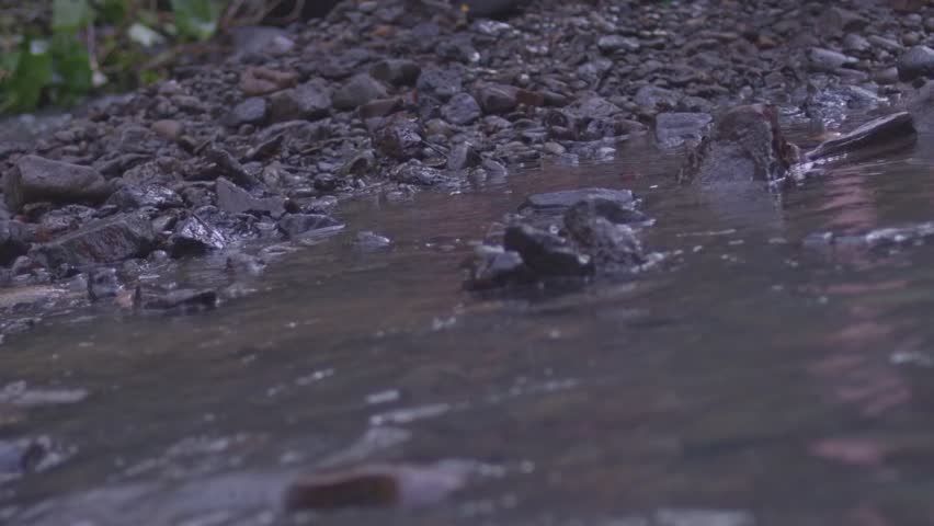 Low angle panning shot of two people wearing waterproof hiking sandals, walking through water across a rapid streaming river