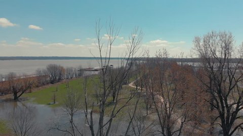 Aerial shot over Fort Defiance Park, where the Ohio River and Mississippi meet. The river was high in early Spring and flooded the park.