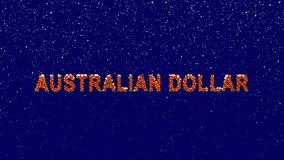 New Year text Currency name AUSTRALIAN DOLLAR. Snow falls. Christmas mood, looped video. Alpha channel Premultiplied - Matted with deep blue RGB(04:00:5B)