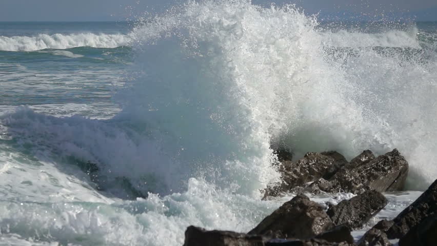 Wave crushing dangerous rocks coast , Large Ocean seascape Royalty-Free Stock Footage #1018097683
