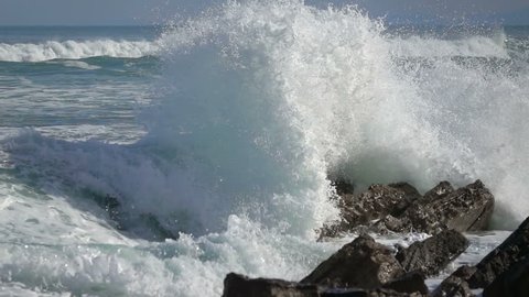 Wave crushing dangerous rocks coast , Large Ocean seascape