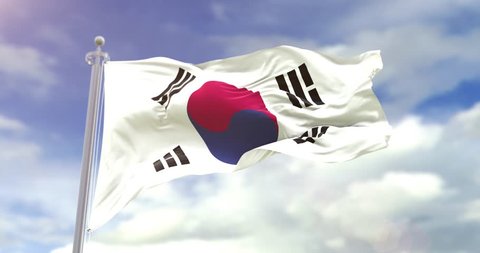 Photorealistic Flag Of South Korea On Sky Background. South Korea Flag Wave Slow Motion And Loop 4K. Sunny And Cloudy Flag Video.