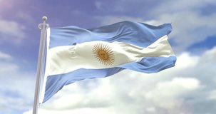 Photorealistic Flag Of Argentina On Sky Background. Argentina Flag Wave Slow Motion And Loop 4K. Sunny And Cloudy Flag Video.