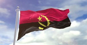 Photorealistic Flag Of Angola On Sky Background. Angola Flag Wave Slow Motion And Loop 4K. Sunny And Cloudy Flag Video.
