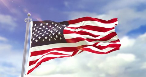 Photorealistic Flag Of Usa On Sky Background. American Flag Wave Slow Motion And Loop 4K. Sunny And Cloudy Flag Video.

