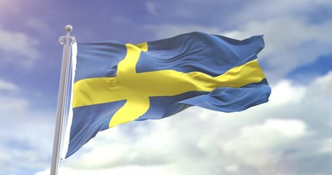 Photorealistic Flag Of Sweden On Sky Background. Sweden Flag Wave Slow Motion And Loop 4K. Sunny And Cloudy Flag Video.