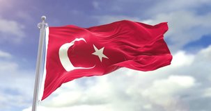 Photorealistic Flag Of Turkey On Sky Background. Turkey Flag Wave Slow Motion And Loop 4K. Sunny And Cloudy Flag Video.
