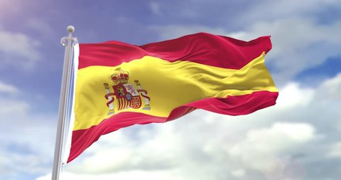 Photorealistic Flag Of Spain On Sky Background. Spain Flag Wave Slow Motion And Loop 4K. Sunny And Cloudy Flag Video.