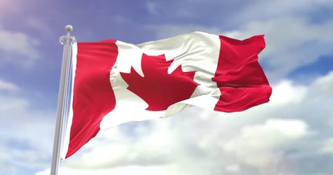 Photorealistic Flag Of Canada On Sky Background. Canada Flag Wave Slow Motion And Loop 4K. Sunny And Cloudy Flag Video.