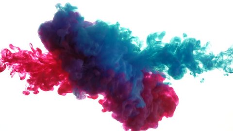 Blue and red ink mixing in water on white background, Slow motion
