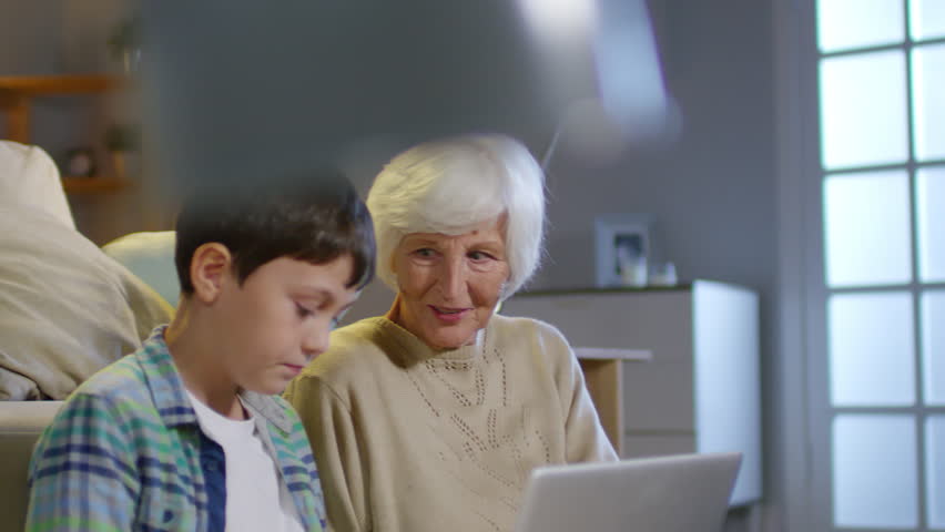 Beautiful senior woman and grandson sitting by sofa in the living room, surfing the Internet on laptop and discussing something | Shutterstock HD Video #1018114831