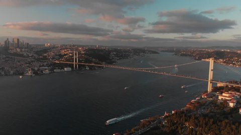 Aerial view of 15th July Martyrs Bridge (formerly Bosphorus Bridge) between Asia and Europe aerial view from Asian side in Istanbul Turkey