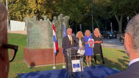 STRASBOURG, FRANCE - OCT 18, 2018: Roeland Adriaan Alfons BOCKER,  speech in front of Council of Europe inauguration of the exhibition "Open Your Eyes to Human Trafficking"