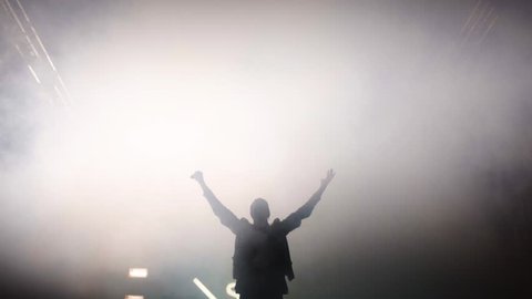 The silhouette of an artist in the stage lights. An artist is rocking on the stage
