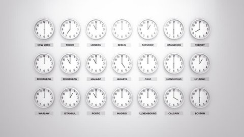 Many white body round clocks are going and showing different time for different cities around the world. White wall behind. Clock face timelapse 3d cgi 60fps animation.