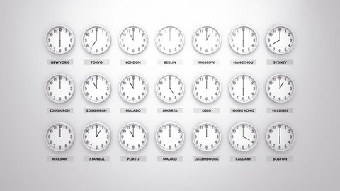Round clocks with white body show different time zones on white wall. Loopable clock face timelapse 60 fps animation.
