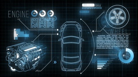 Car HUD Screen. Futuristic motion graphic video with an animated car, engine, wheel and digital data: analysing, loading information process.