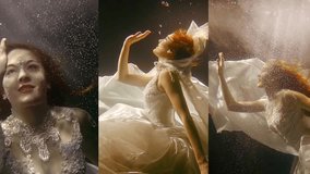 Vertical video mermaid under water in a white stylish dress