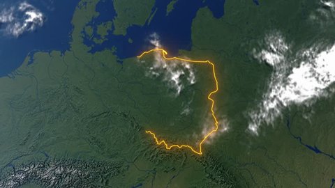 Realistic 3d animated earth showing the borders of the country Poland and the capital Warsaw in 4K resolution