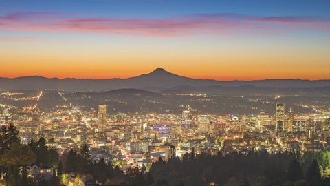 Sunrise over Mt Hood and Portland downtown