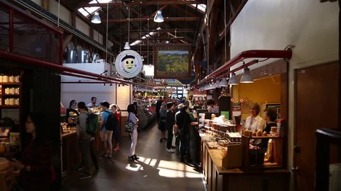 Vancouver, Canada - September 2018 - Crowds of tourists on Granville Island Market