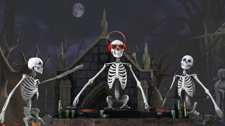Seamless animation of a DJ skeleton and skeletons dancers in a cemetery at night. Funny halloween background. Royalty-Free Stock Footage #1018144246