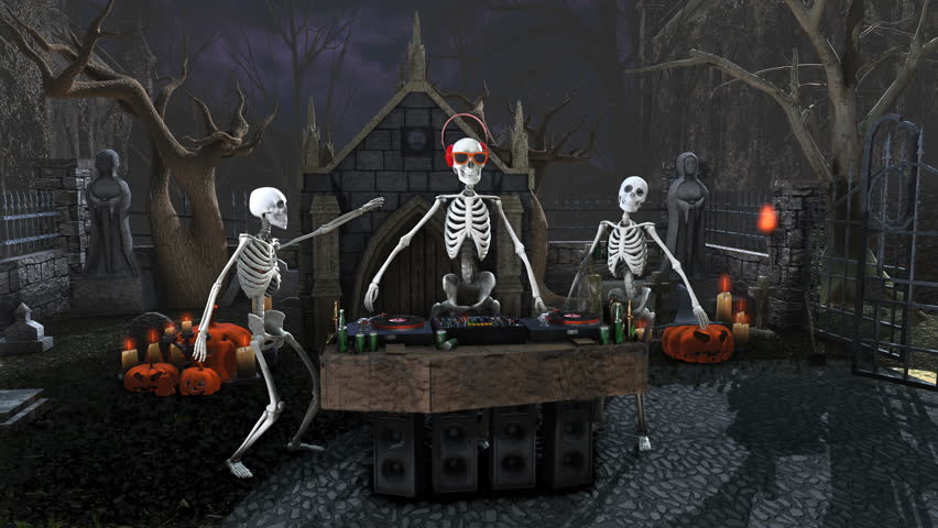 Seamless animation of a DJ skeleton and skeletons dancers in a cemetery at night. Funny halloween background. Royalty-Free Stock Footage #1018144252